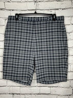 FJ FootJoy Stretch Performance Golf Shorts 38 Gray Plaid Flat Front Chino Preppy